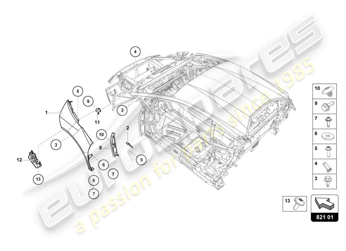 lamborghini evo coupe (2023) diagrama de pieza del protector de ala delantero