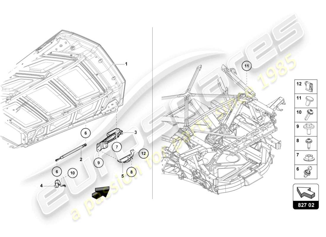 lamborghini evo coupe (2023) cubierta del motor con insp. diagrama de piezas de la cubierta