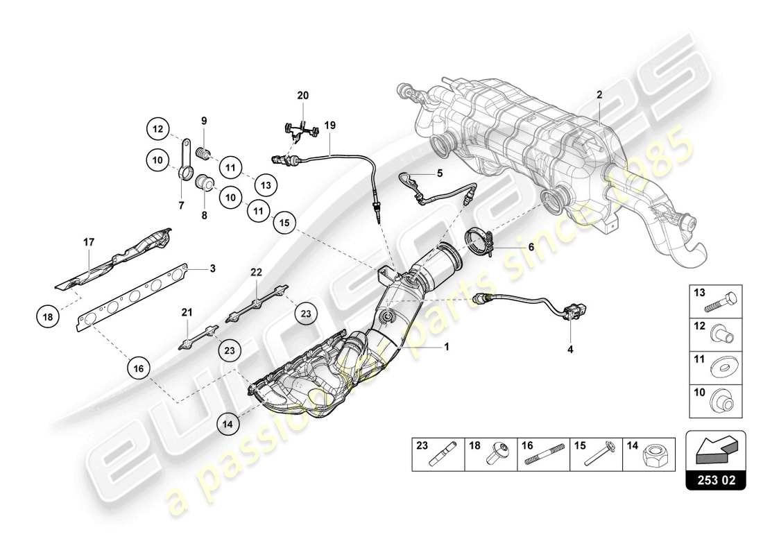 lamborghini evo coupe (2023) colectores de escape diagrama de piezas