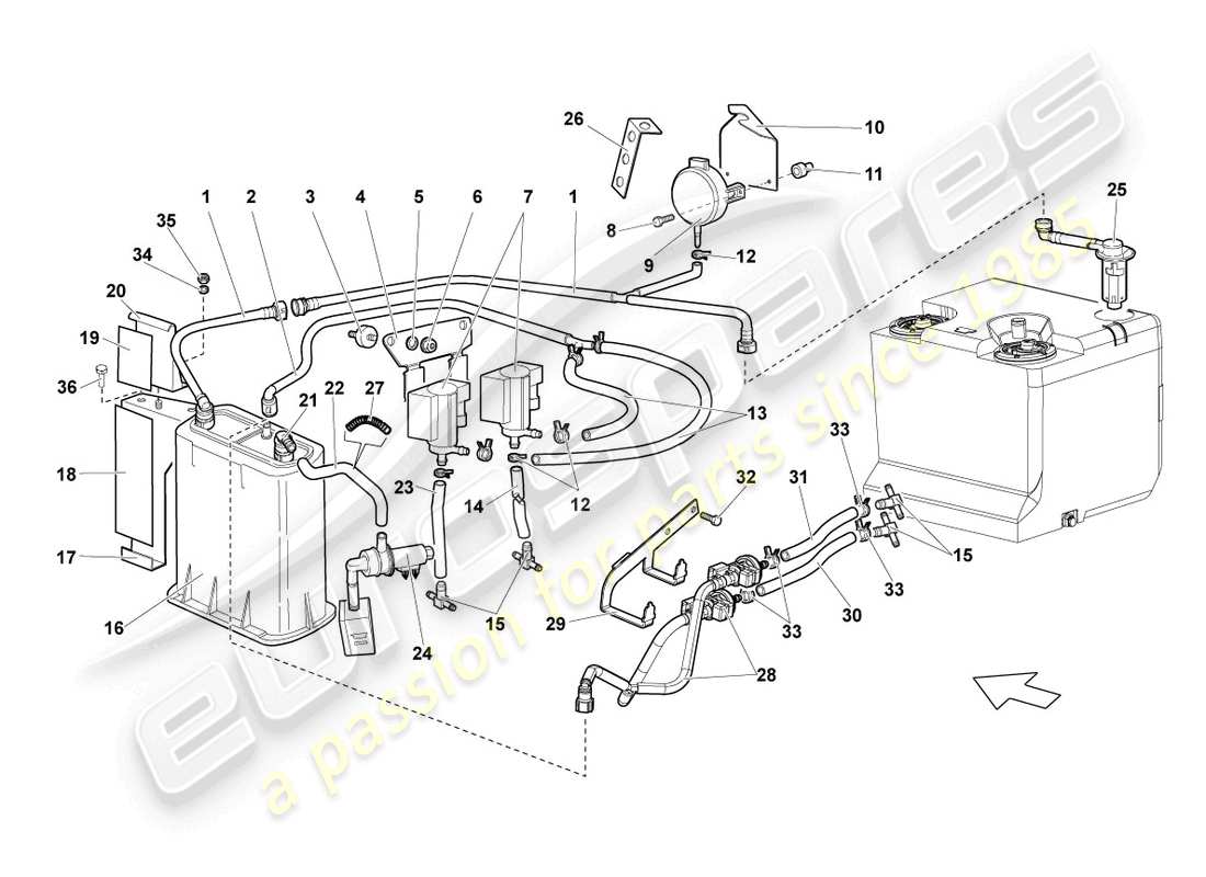 lamborghini lp640 coupe (2009) diagrama de piezas del recipiente de carbón activado