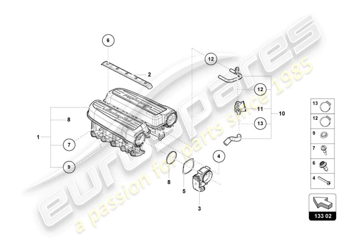 lamborghini tecnica (2024) diagrama de piezas del colector de admisión