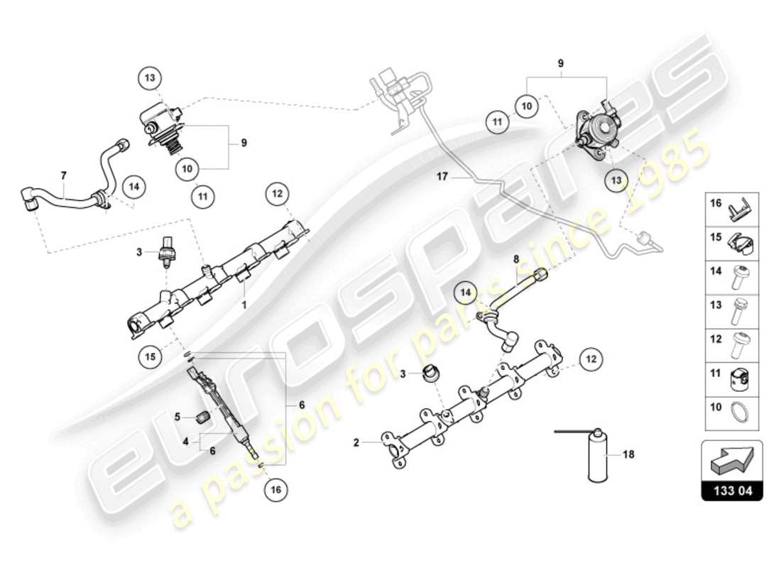 lamborghini urus (2021) inyector de combustible con rieles de inyector diagrama de piezas