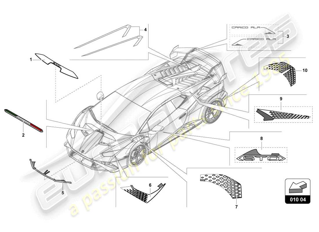 lamborghini sto (2022) tiras adhesivas decorativas diagrama de piezas