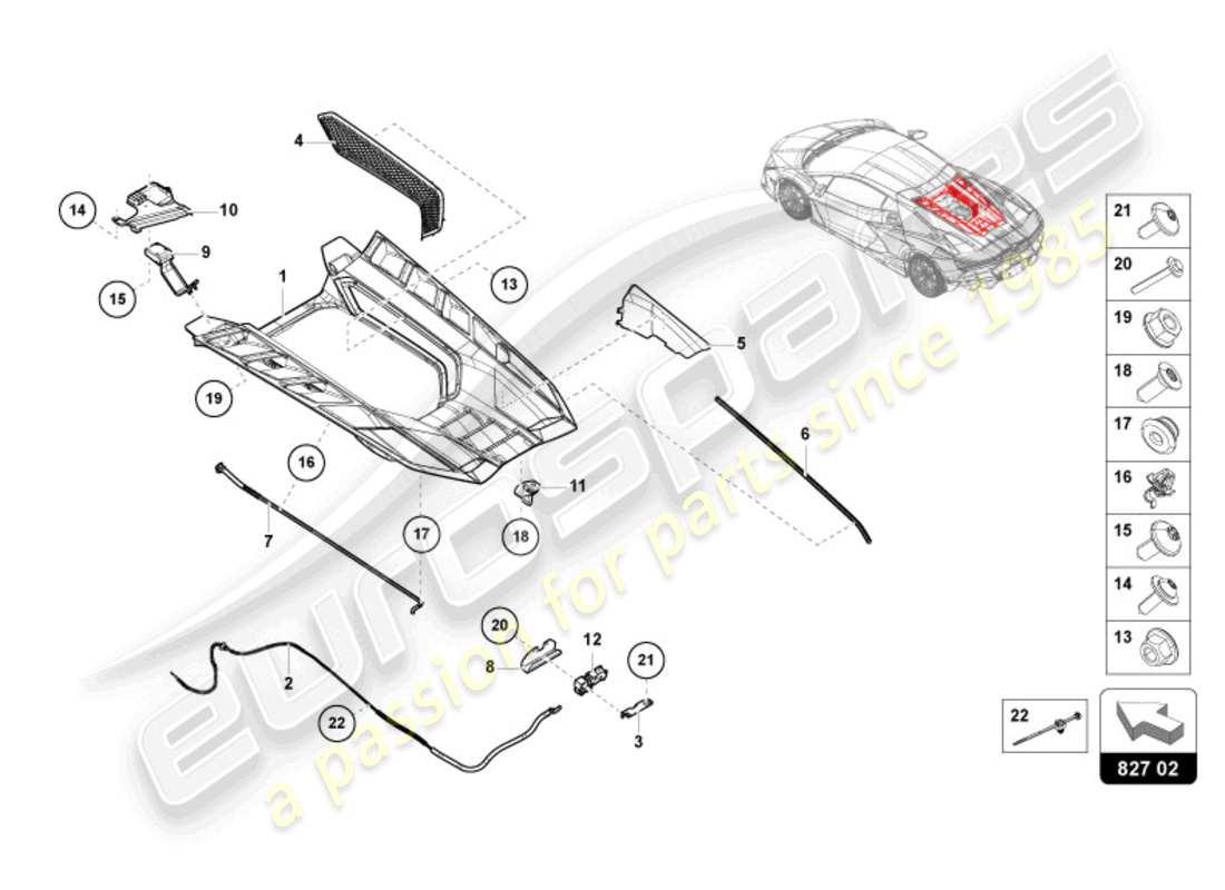 lamborghini revuelto coupe (2024) cubierta del motor con insp. diagrama de piezas de la cubierta