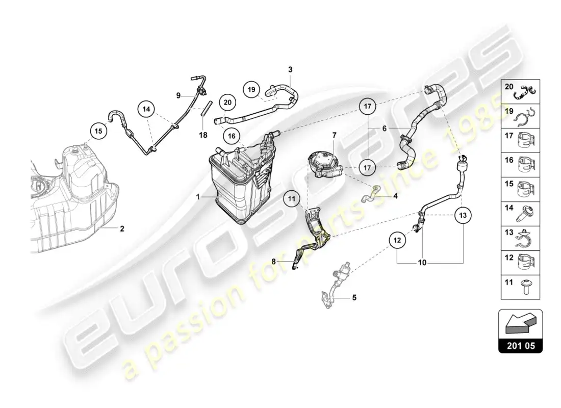 lamborghini lp580-2 coupe (2016) contenedor de carbón activado diagrama de piezas