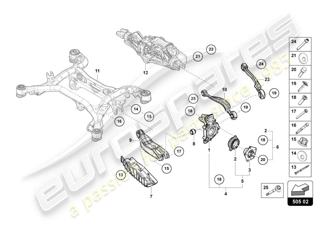 lamborghini urus s (2024) cubo de rueda con cojinete y brazo de control diagrama de piezas