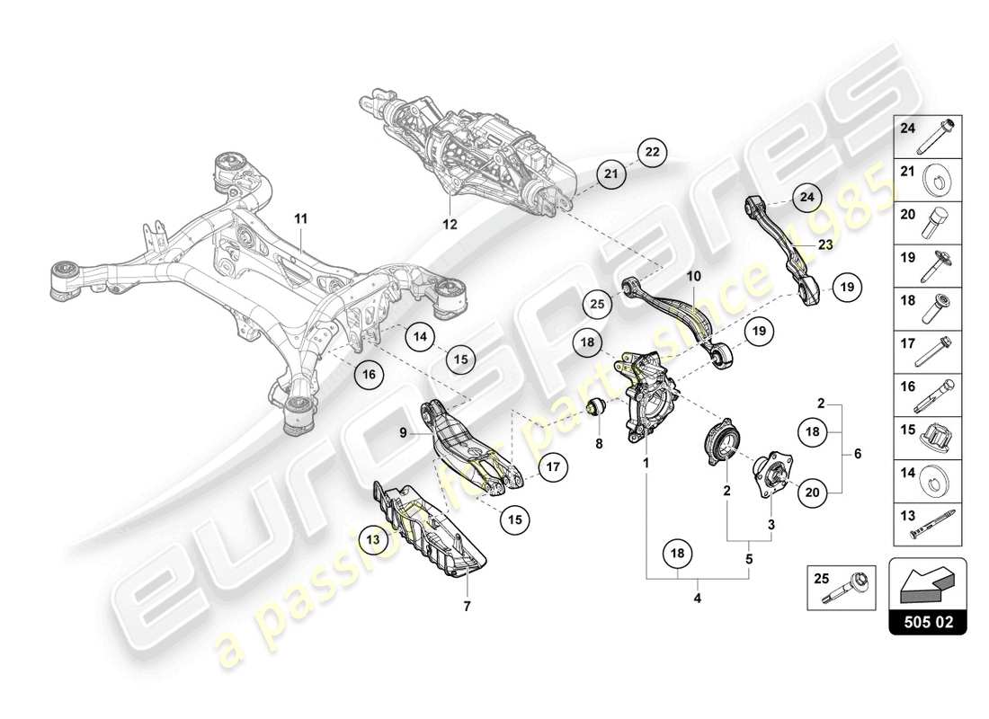 lamborghini urus performante (2023) cubo de rueda con cojinete y brazo de control diagrama de piezas