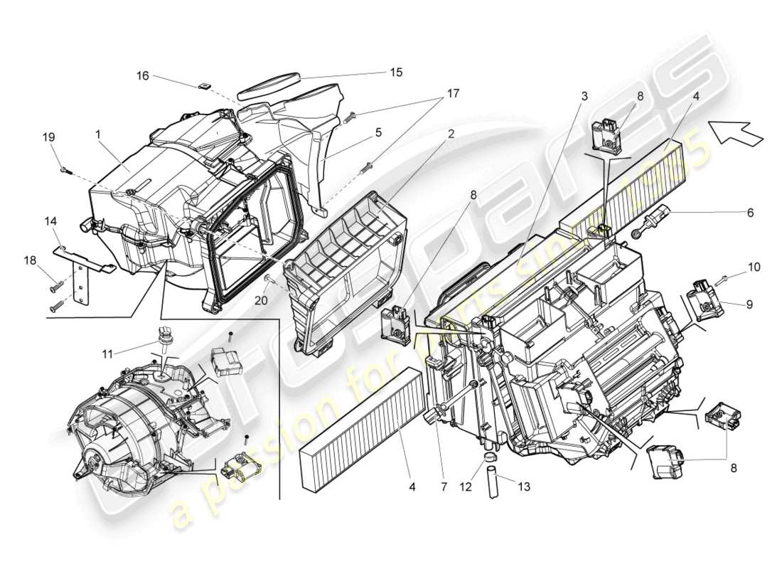 lamborghini blancpain sts (2013) carcasa de distribución de aire para sistema de aire acondicionado controlado electrónicamente esquema de piezas