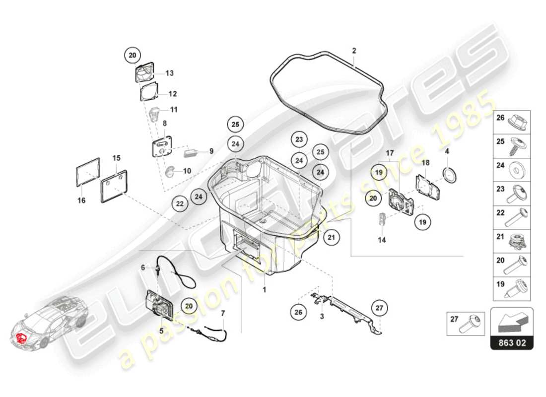 lamborghini revuelto coupe (2024) recubrimiento del maletero lhd diagrama de piezas