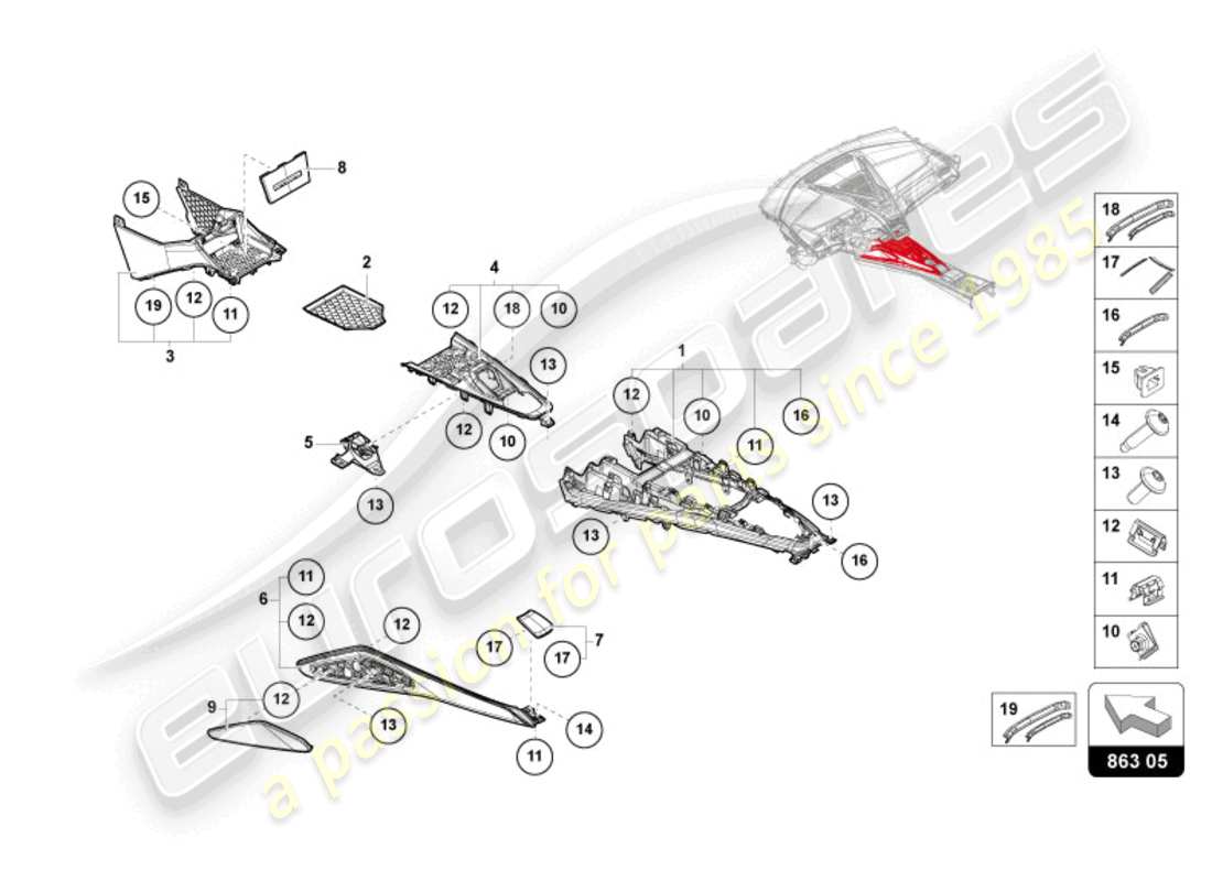 lamborghini revuelto coupe (2024) consola central diagrama de piezas