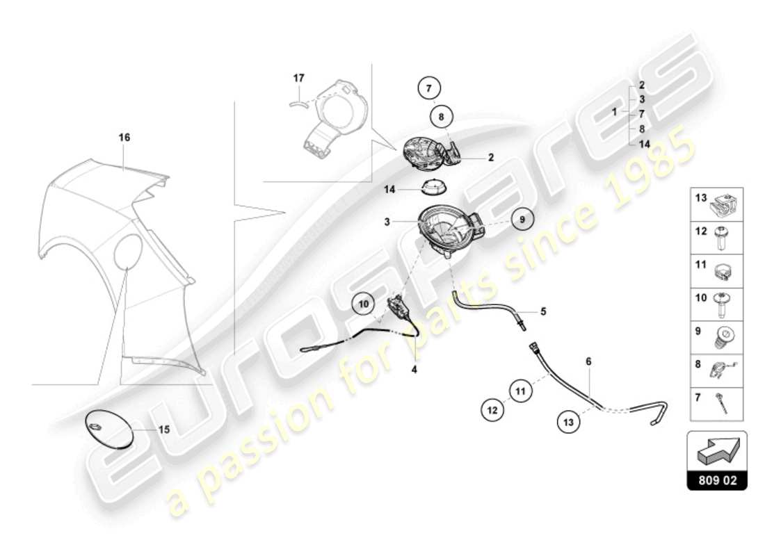 lamborghini 2024 (evo spyder) diagrama de piezas de la tapa de llenado de combustible
