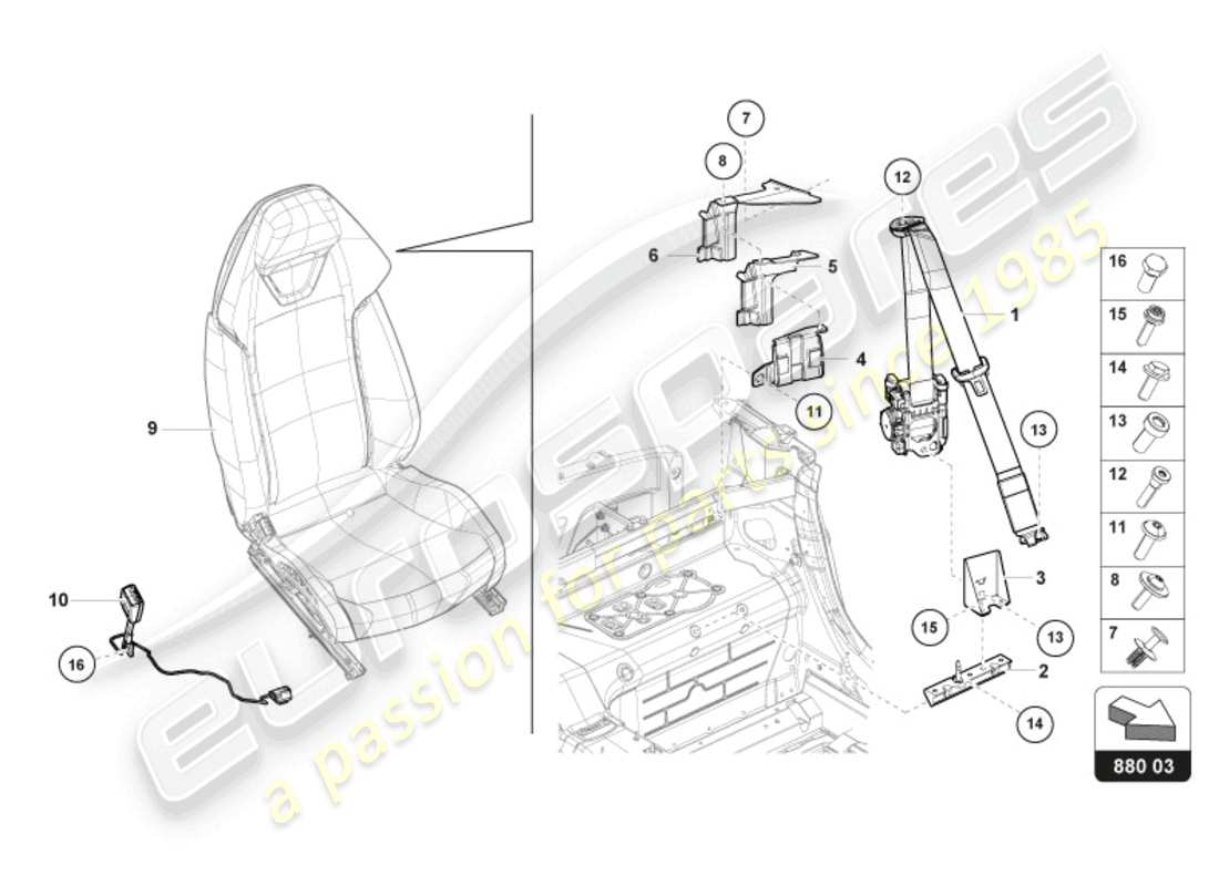 lamborghini evo spyder (2024) diagrama de piezas de cinturones de seguridad