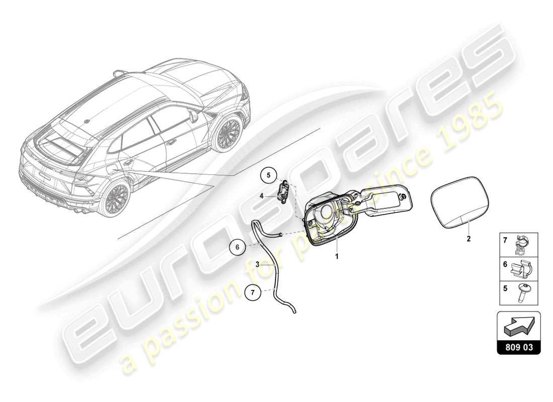 lamborghini urus (2020) diagrama de piezas de la tapa de llenado de combustible