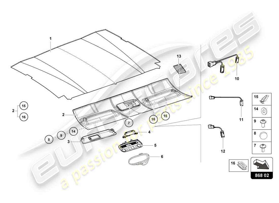 lamborghini tecnica (2024) diagrama de piezas del revestimiento del techo