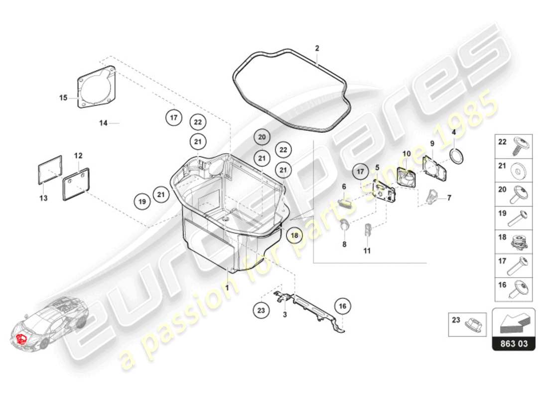 lamborghini revuelto coupe (2024) recubrimiento del maletero rhd diagrama de piezas
