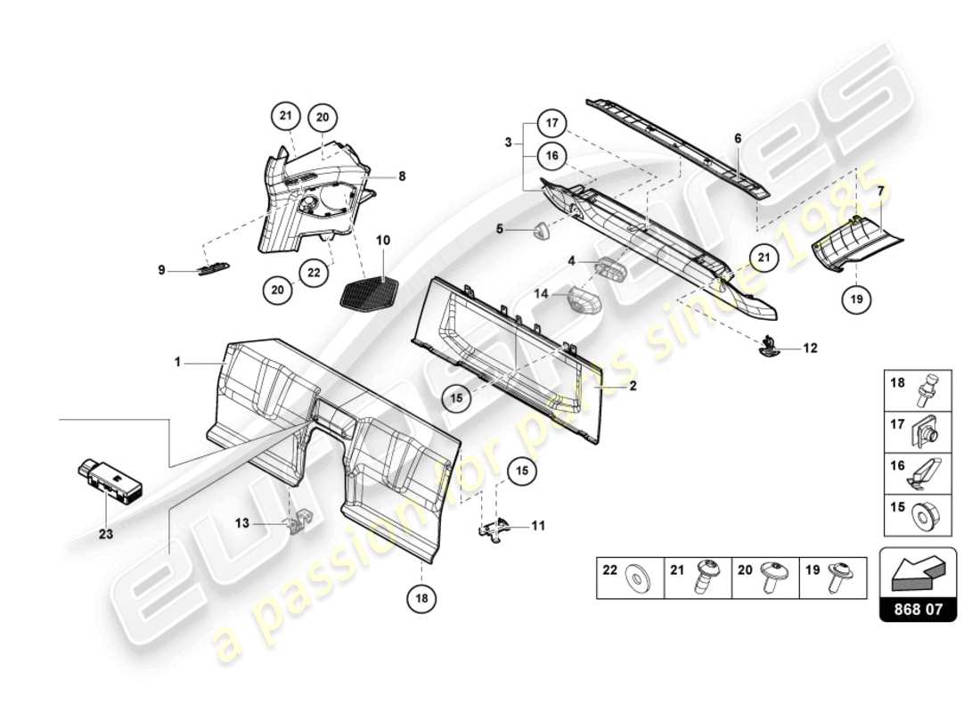 lamborghini evo coupe (2021) decoración interior diagrama de piezas