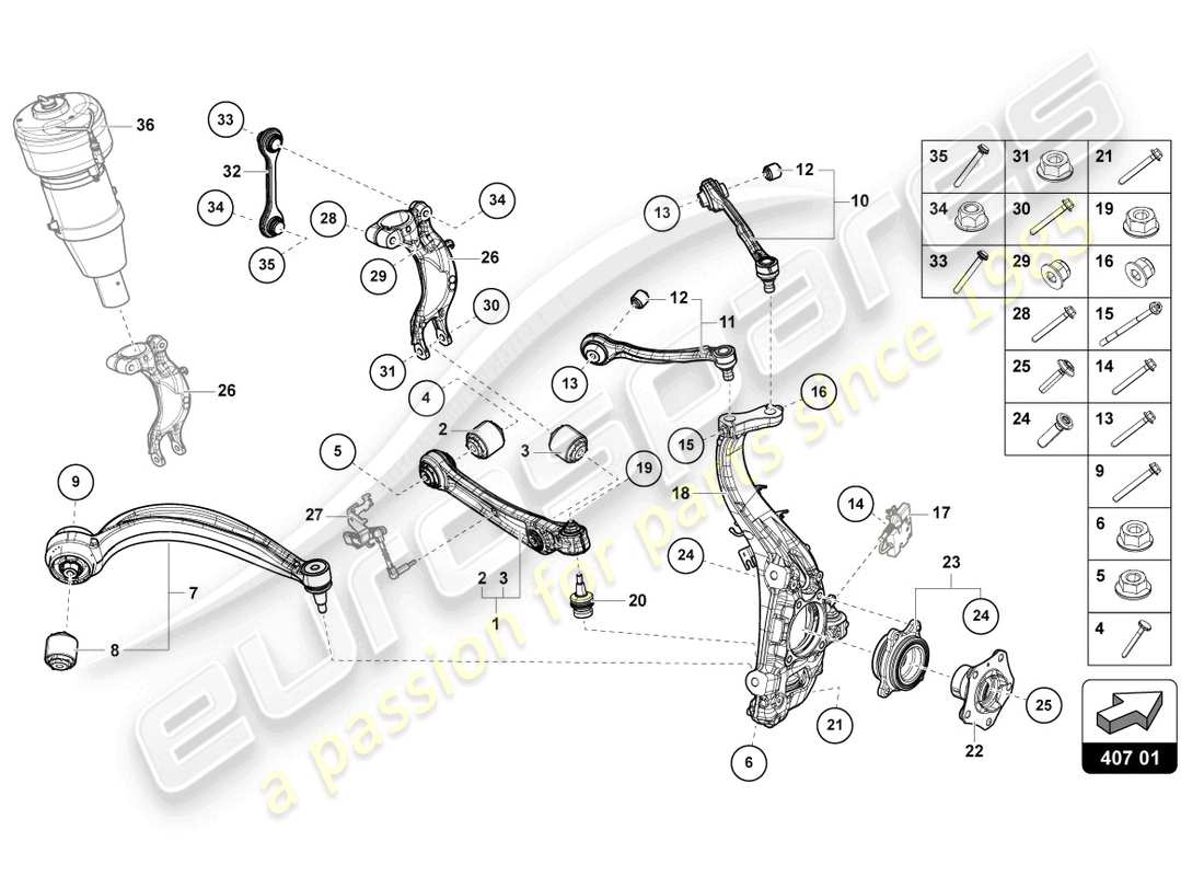 lamborghini urus performante (2023) diagrama de piezas de suspensión delantera