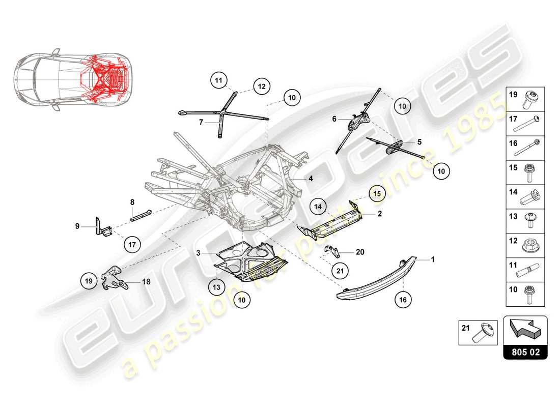 lamborghini 2021 (evo coupe) diagrama de pieza exterior trasero del chasis