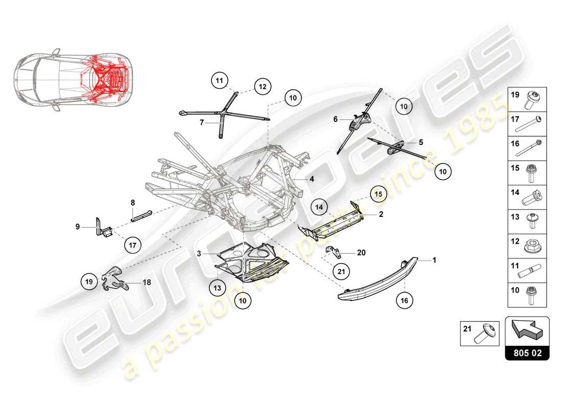 lamborghini evo coupe (2023) diagrama de pieza exterior trasero del chasis