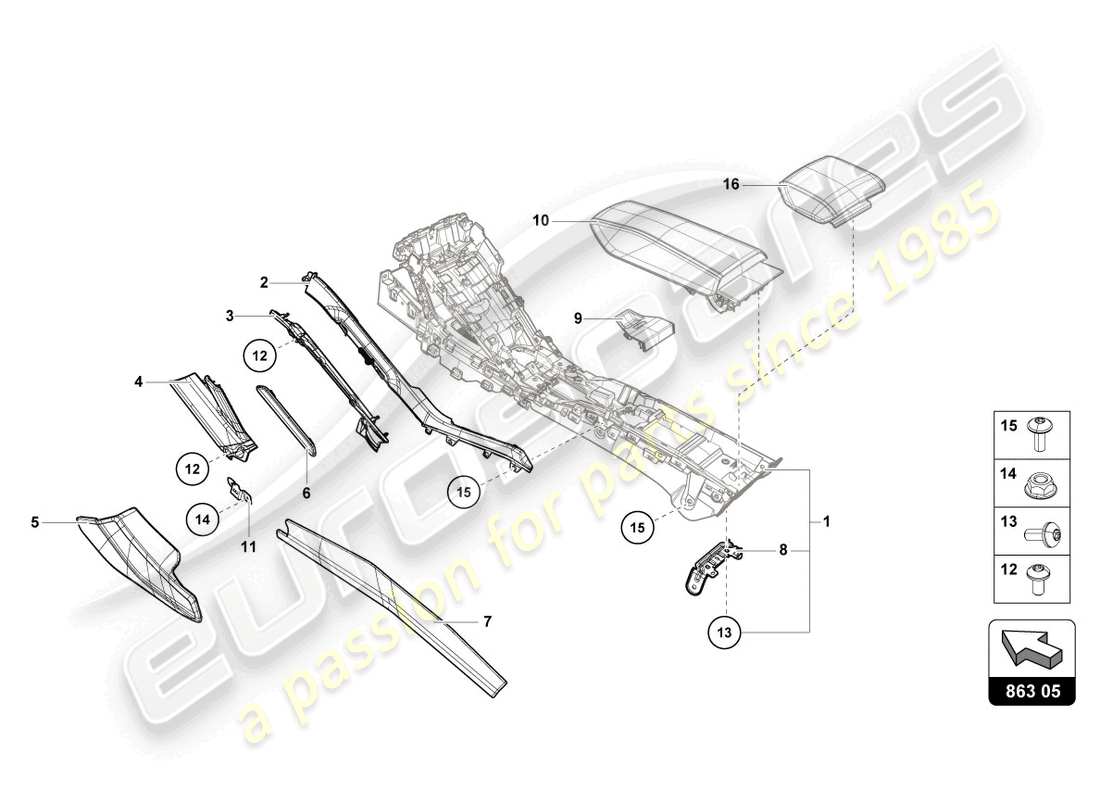 lamborghini tecnica (2024) diagrama de piezas del trim del túnel