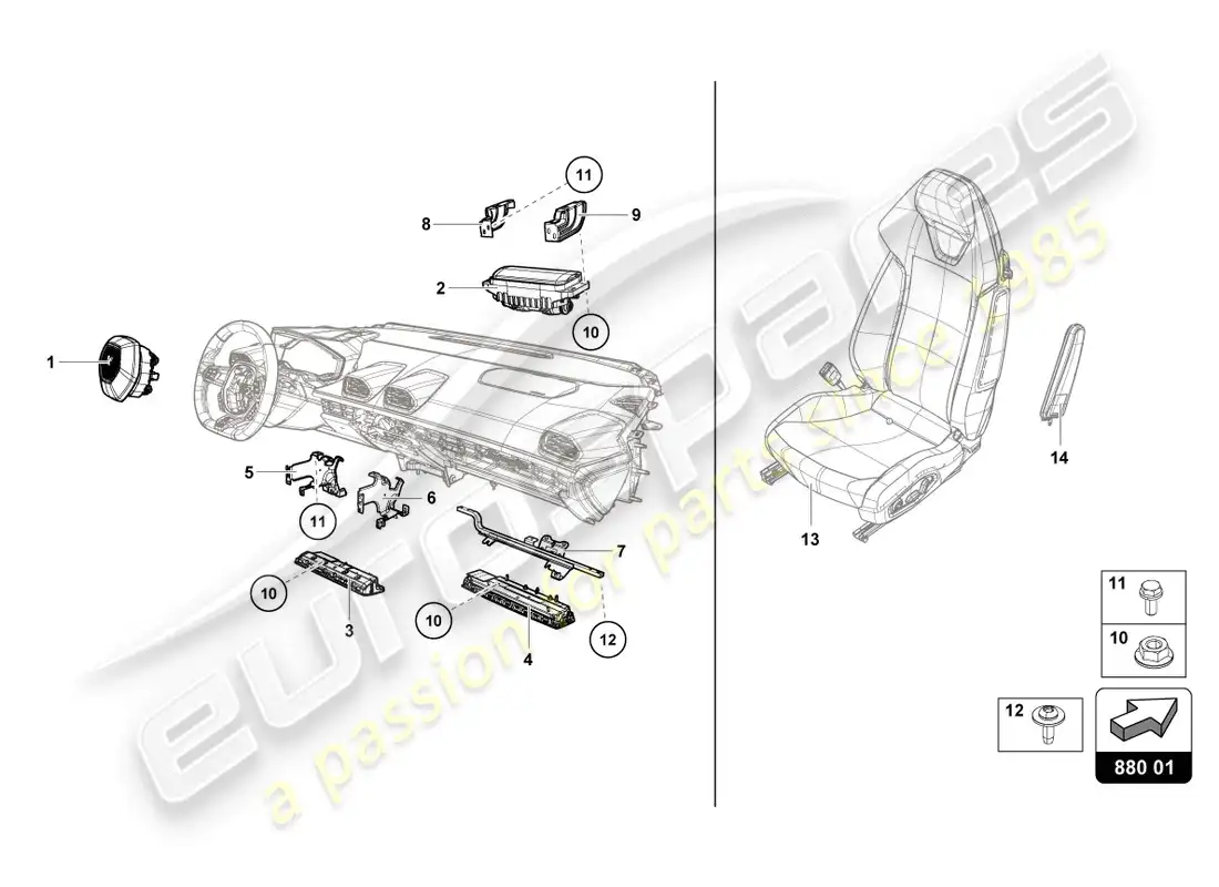 lamborghini evo coupe 2wd (2020) bolsa de aire diagrama de piezas