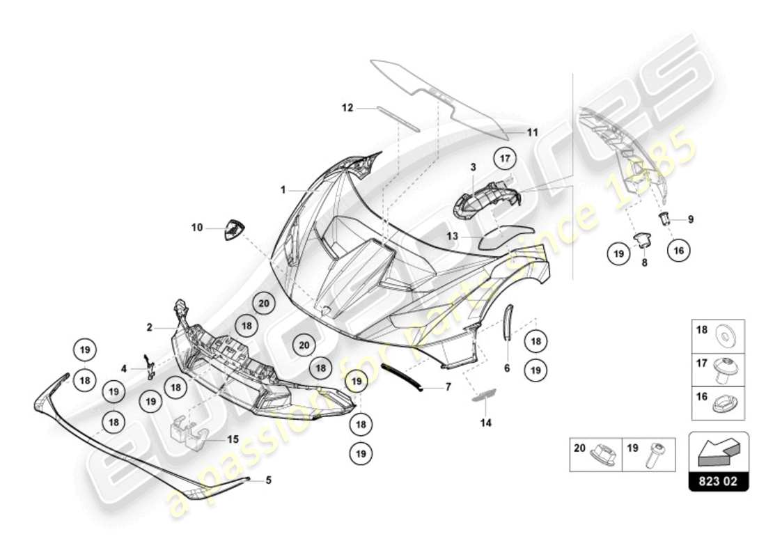 lamborghini sto (2024) capó delantero diagrama de piezas