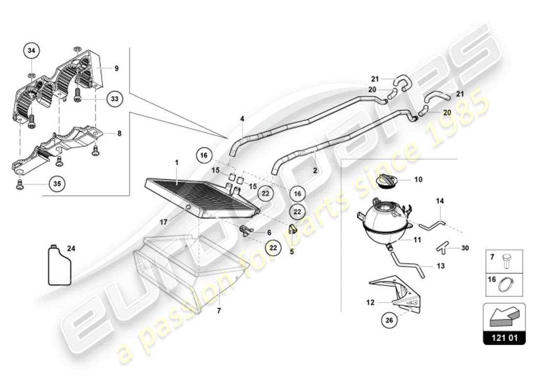 lamborghini super trofeo evo 2 (2022) diagrama de piezas del sistema de refrigeración por agua