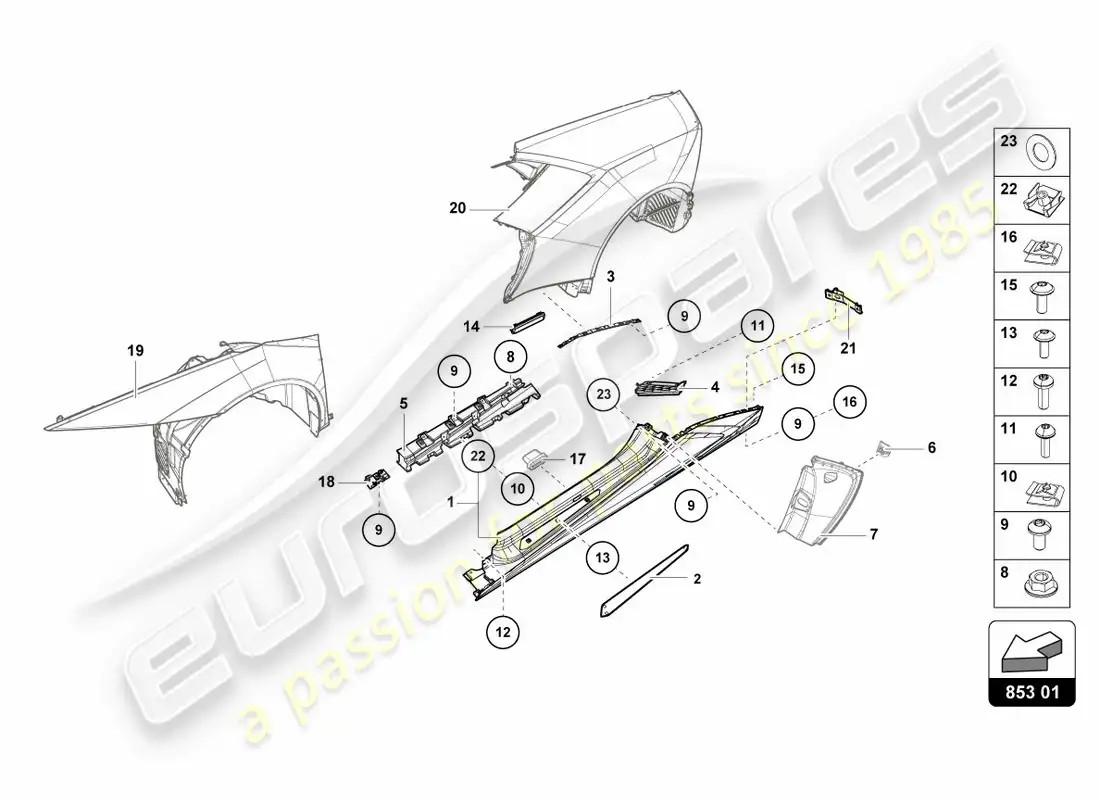 lamborghini performante spyder (2020) lateral externo inferior para pasaje de rueda diagrama de piezas