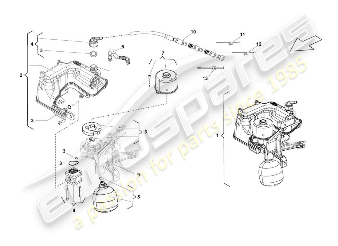 lamborghini lp560-4 coupe (2011) sistema hidráulico y depósito de líquido con conector. piezas diagrama de piezas