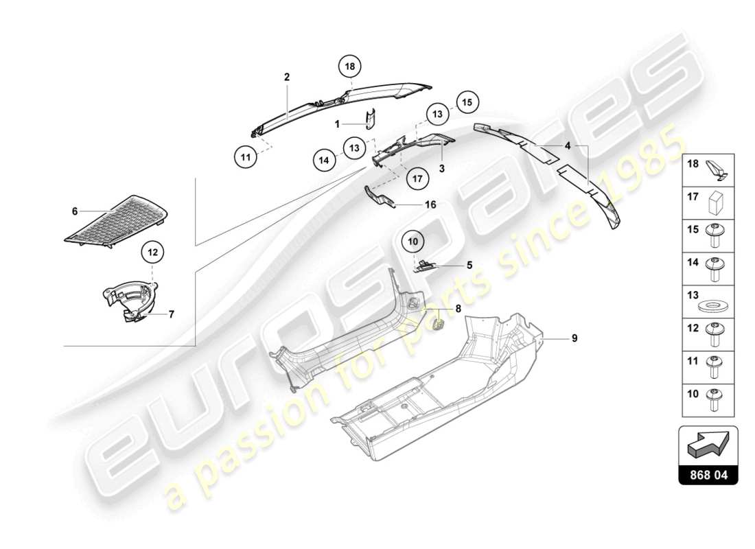 lamborghini evo coupe (2023) diagrama de pieza interior del acabado del pilar