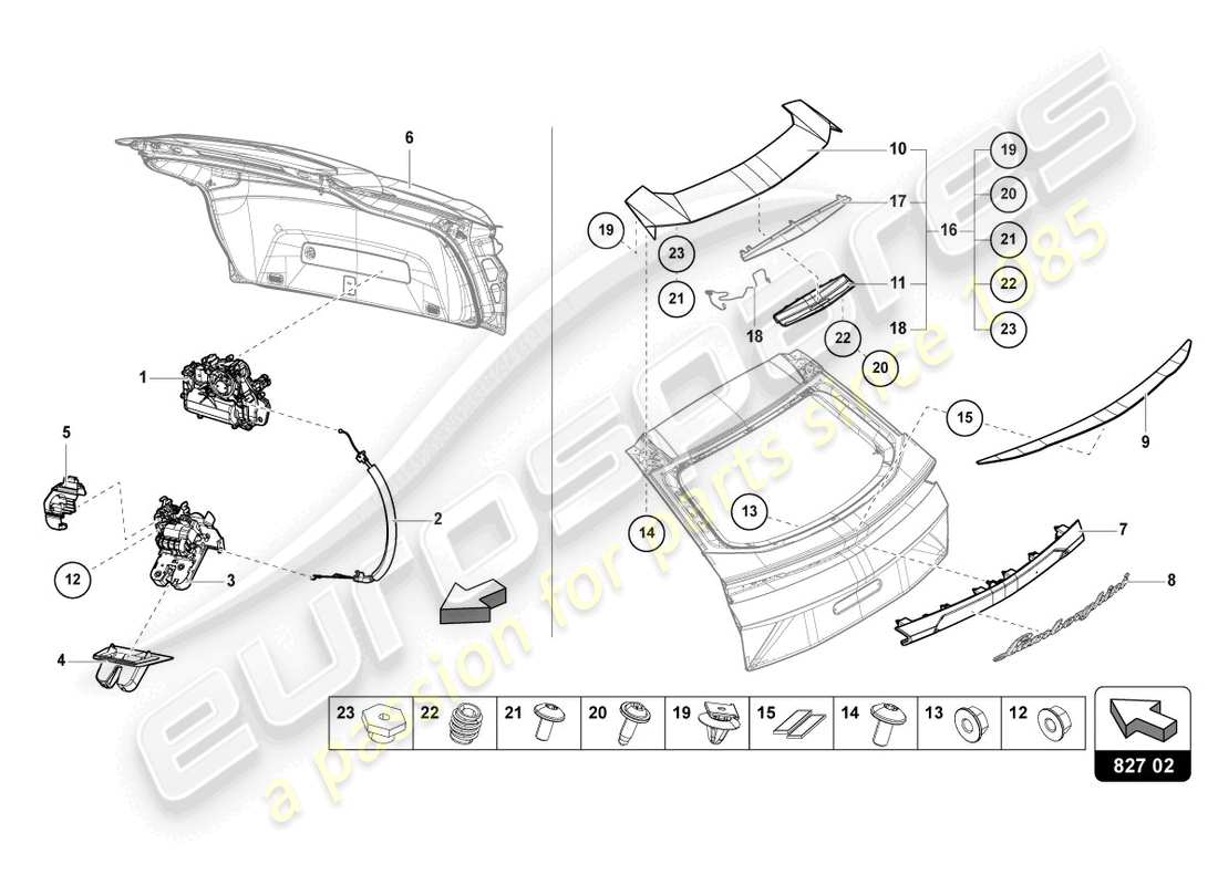 lamborghini urus s (2024) diagrama de pieza trasero de la tapa trasera