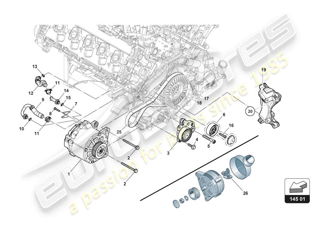 lamborghini super trofeo evo (2018) distribución - diagrama de piezas del alternador