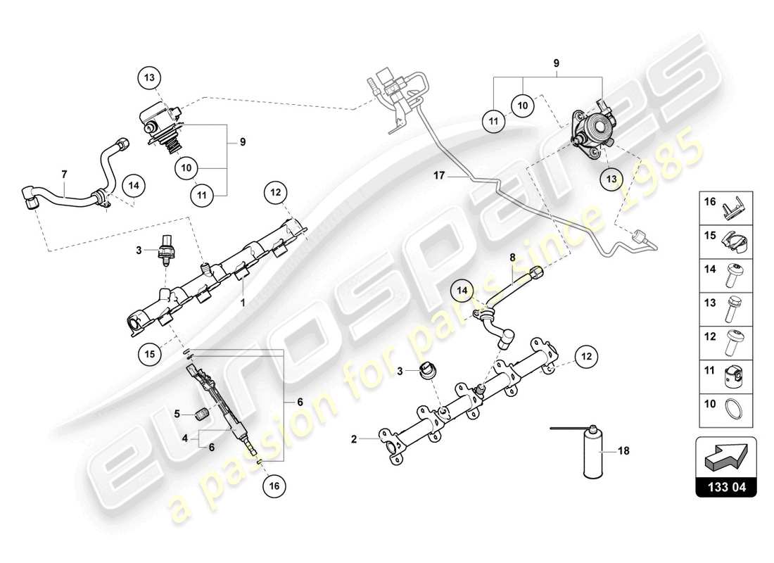 lamborghini urus performante (2023) inyector de combustible con rieles de inyector diagrama de piezas
