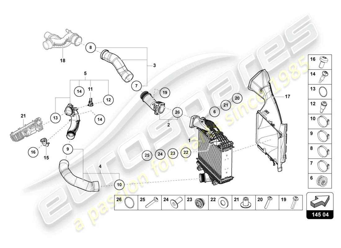 lamborghini urus performante (2023) diagrama de pieza del enfriador de aire de carga derecho