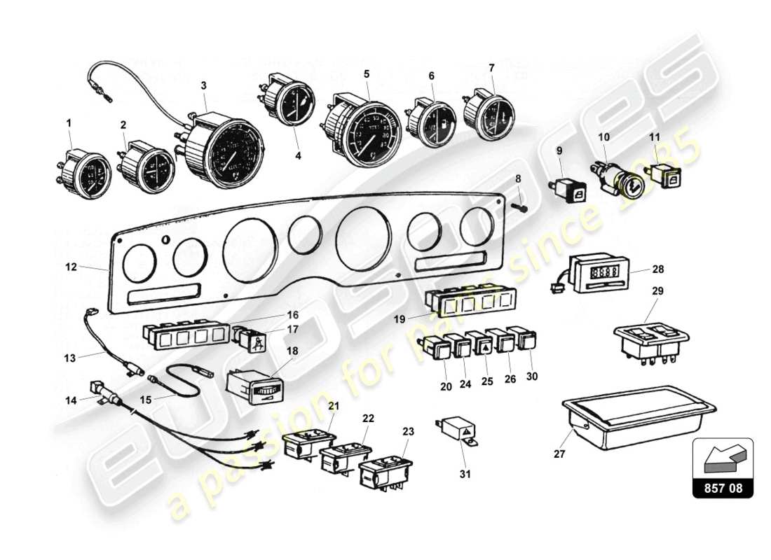 lamborghini countach 25th anniversary (1989) combinación de instrumentos diagrama de piezas