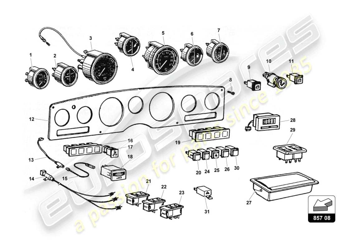 lamborghini countach 25th anniversary (1989) diagrama de piezas del grupo de instrumentos