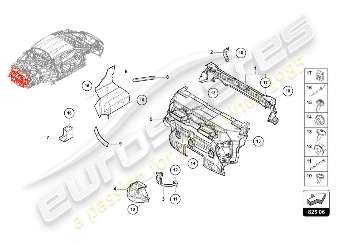 lamborghini evo coupe (2023) diagrama de piezas del escudo térmico 'opf'