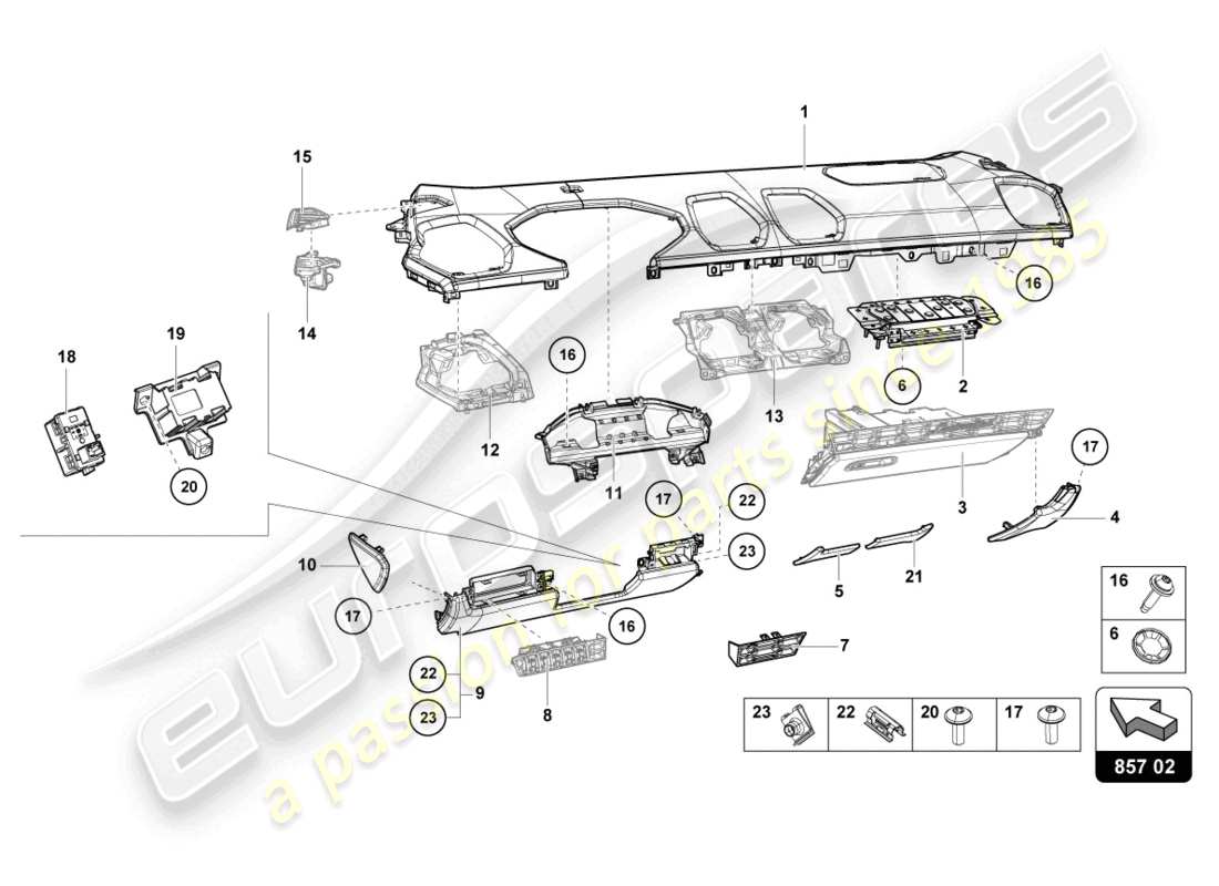 lamborghini evo coupe (2023) diagrama de piezas del adorno del panel de instrumentos