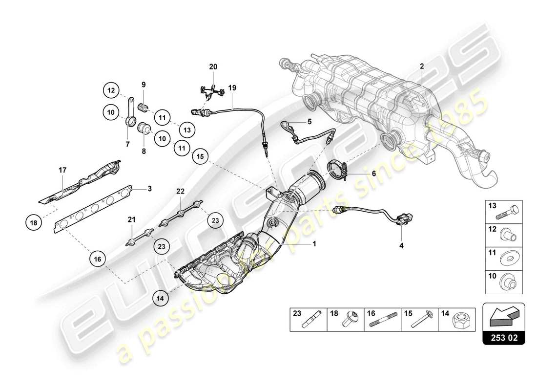 lamborghini tecnica (2023) colectores de escape diagrama de piezas