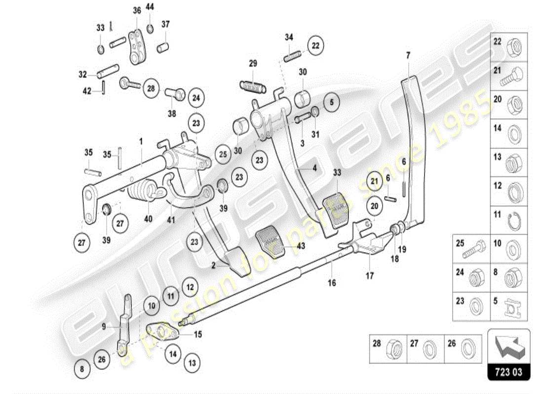 lamborghini diablo vt (1995) freno y aceleración. palanca mecanica. diagrama de piezas