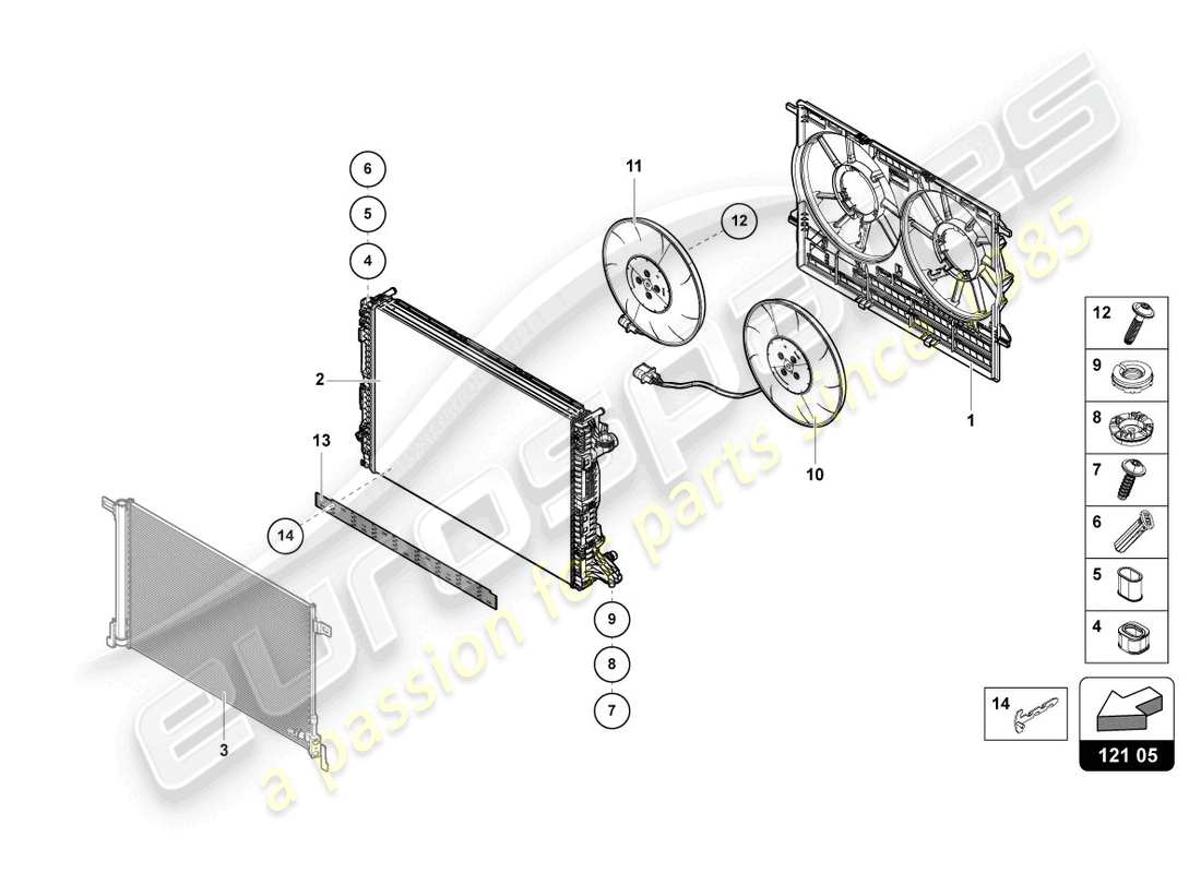 lamborghini urus performante (2023) diagrama de piezas del ventilador del radiador