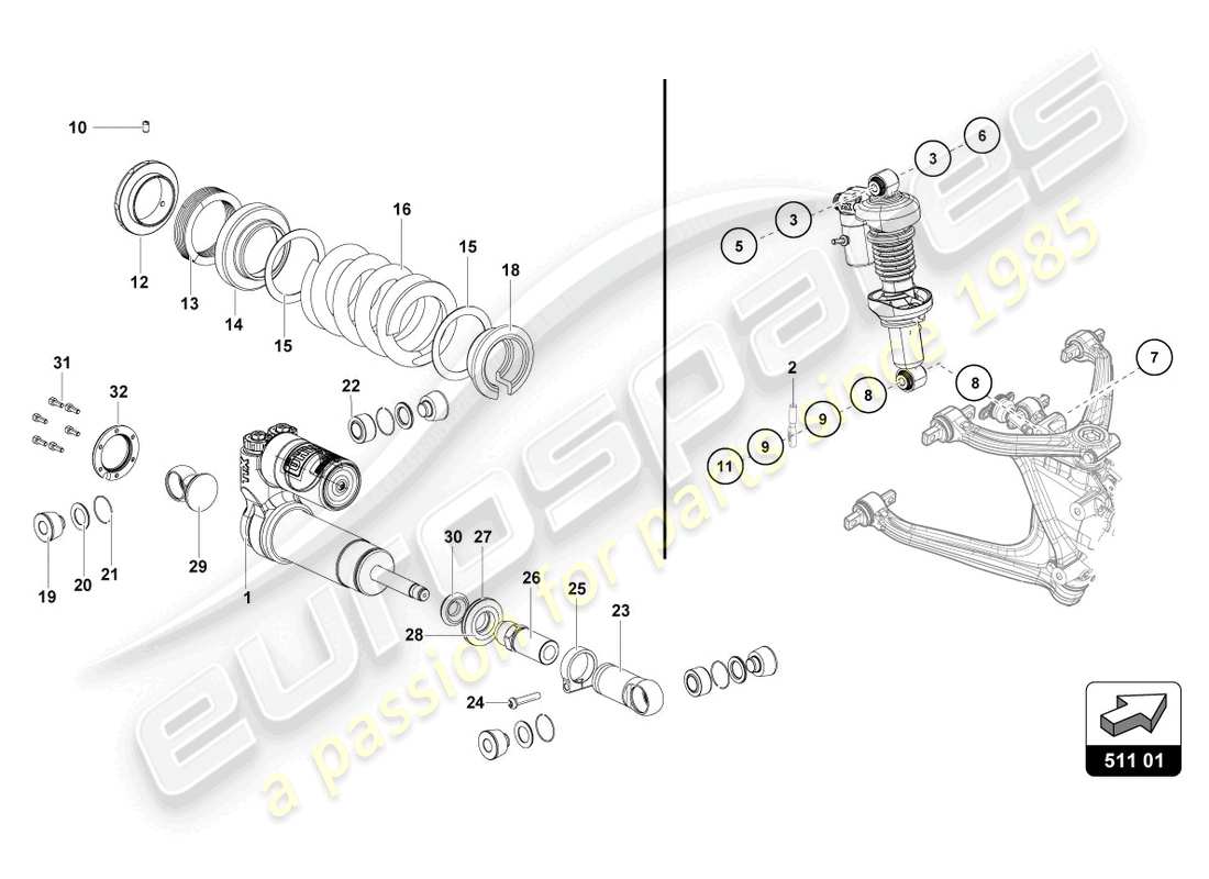lamborghini super trofeo evo 2 (2022) diagrama de piezas de la suspensión trasera