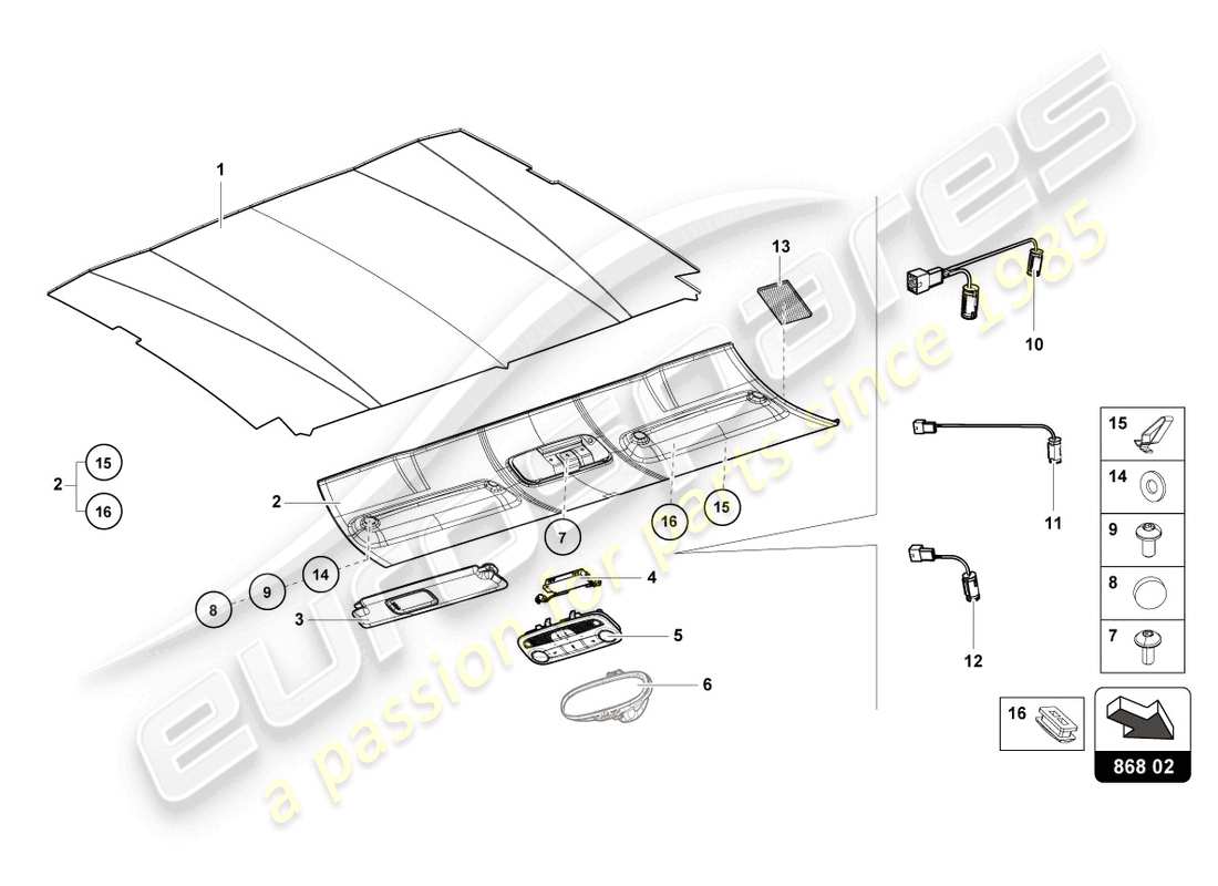 lamborghini evo coupe (2023) diagrama de piezas del revestimiento del techo