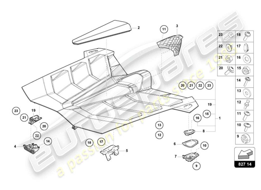 lamborghini 2022 (lp770-4 svj coupe) cubierta del motor con insp. diagrama de piezas de la cubierta
