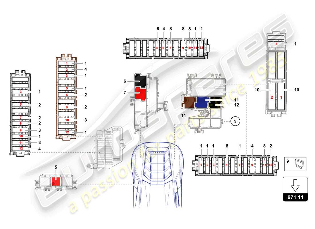 lamborghini evo coupe (2023) diagrama de piezas de fusibles