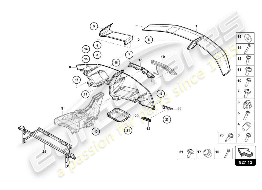 lamborghini 2022 (lp770-4 svj roadster) diagrama de piezas del spoiler trasero
