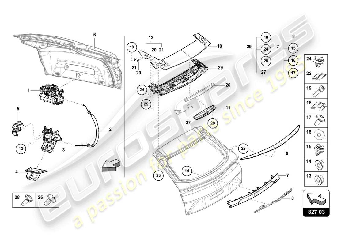 lamborghini urus performante (2023) spoiler para tapa trasera esquema de piezas trasero