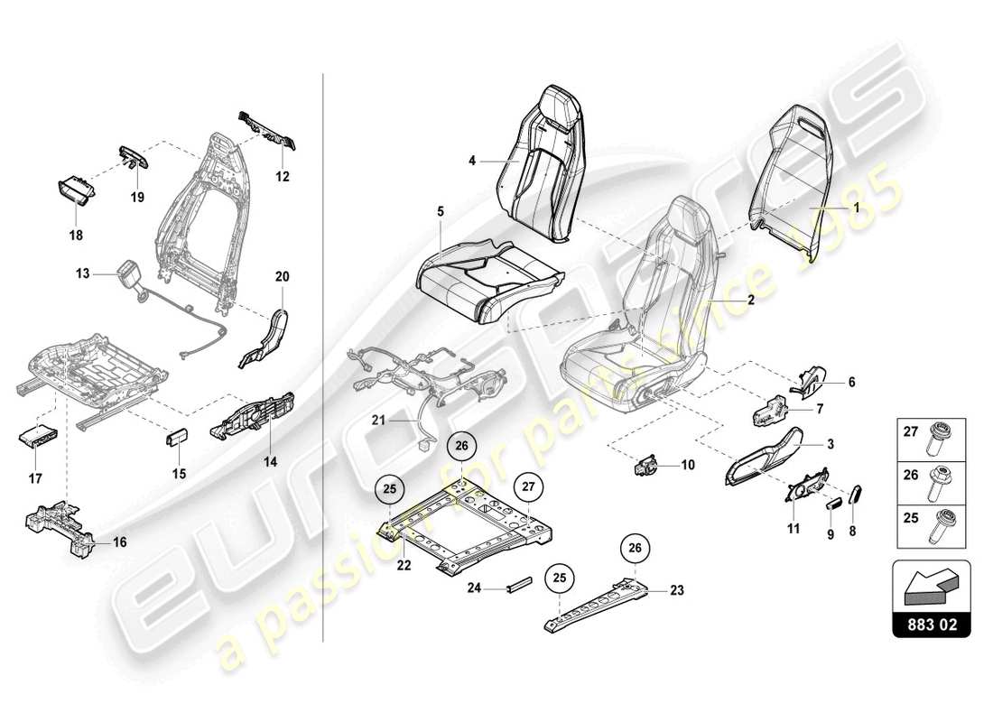 lamborghini urus performante (2023) asiento trasero dividido diagrama de piezas