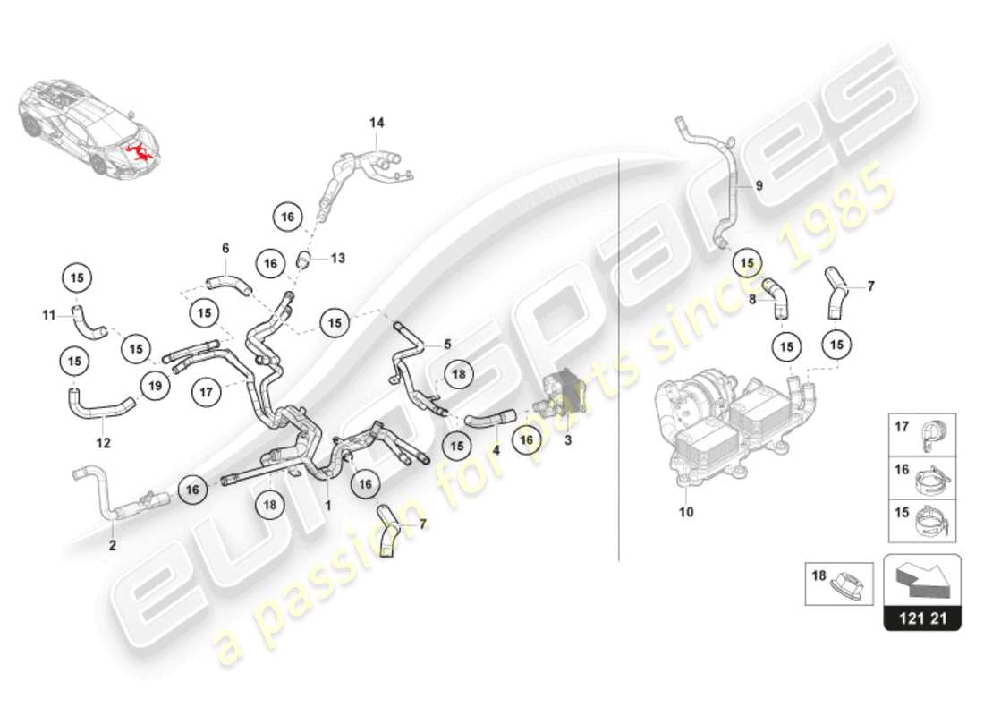 lamborghini revuelto coupe (2024) sistema de enfriamiento por refrigerante - enfriamiento de alto voltaje diagrama de piezas