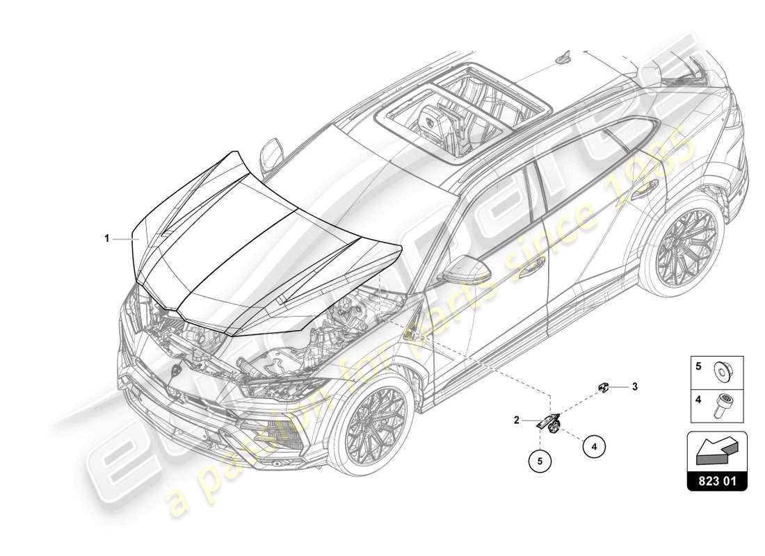 lamborghini urus (2019) diagrama de piezas del capó